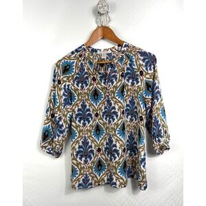 Trinity Blouse Womens Small Green Paisley‎ 100% Silk Smocked Button Front F16B34
